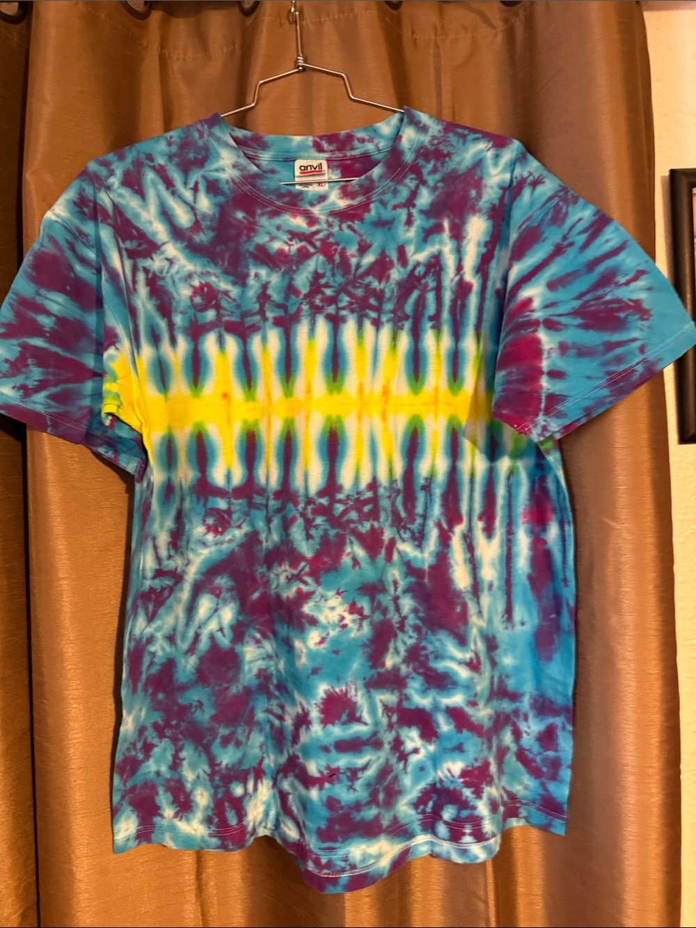 Custom Anvil Blank Tie-Dye Short Sleeve T-Shirt - Blue, Purple & Yellow Like New